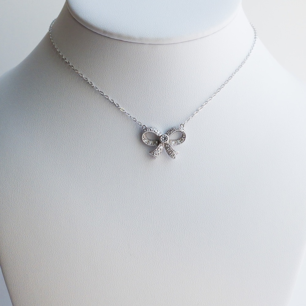 Sterling Silver Chain Pendant Necklace Pave Cubic Zirconia CZ Bow Pendant .925